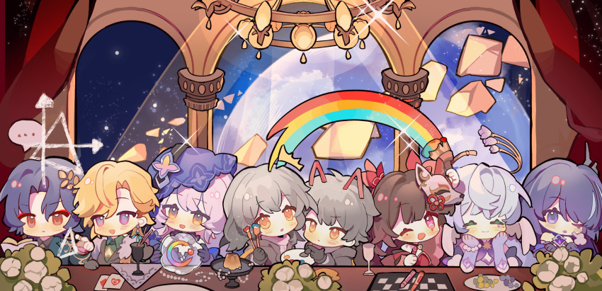 3boys 5girls ^_^ acheron_(honkai:_star_rail) aventurine_(honkai:_star_rail) black_gloves black_swan_(honkai:_star_rail) blonde_hair blue_hair blush book brown_hair caelus_(honkai:_star_rail) card chandelier chibi chinese_commentary closed_eyes closed_mouth dr._ratio_(honkai:_star_rail) drink eyeliner flower food fox_mask fur_trim gloves grey_hair halo hand_on_own_chin highres holding holding_book holding_paintbrush honkai:_star_rail honkai_(series) indoors looking_at_viewer makeup mask matches multiple_boys multiple_girls official_art one_eye_closed open_mouth paintbrush parted_hair pectoral_cleavage pectorals purple_eyes rainbow reading red_eyeliner robin_(honkai:_star_rail) short_hair sparkle_(honkai:_star_rail) stelle_(honkai:_star_rail) trailblazer_(honkai:_star_rail) twintails white_flower white_wings wings yellow_eyes