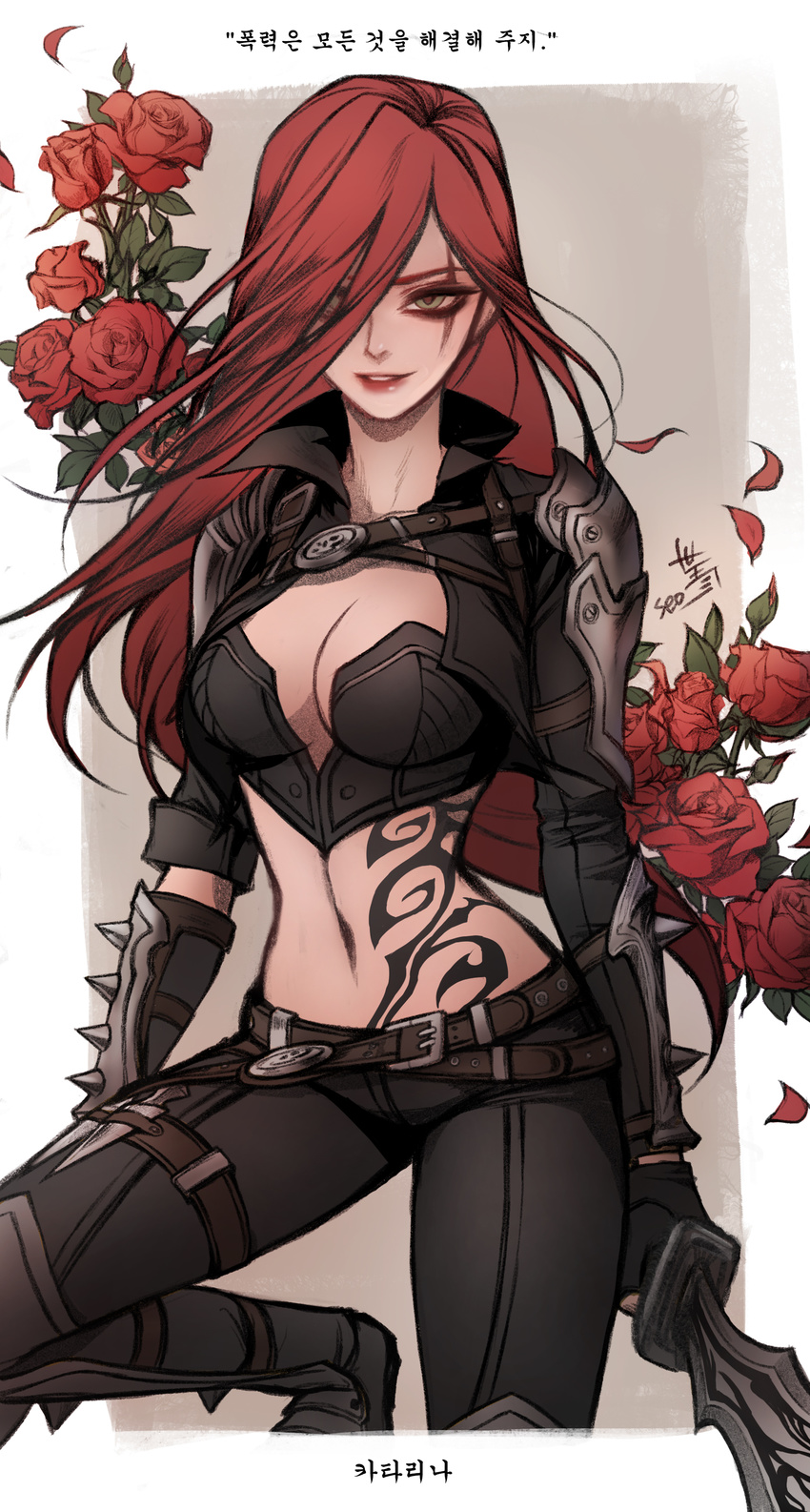1girl breasts cleavage green_eyes katarina_du_couteau league_of_legends long_hair midriff red_hair