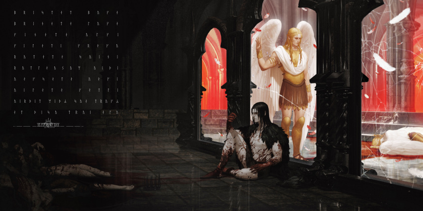 absurdres angel angel_wings black_hair blonde_hair blood blood_angels broken_glass contrast crown falling_feathers feather_cape glass hand_on_glass highres indoors konrad_curze night_lords pile_of_corpses pillar primarch prison sanguinius shattered sitting standing unworn_crown usfr wings