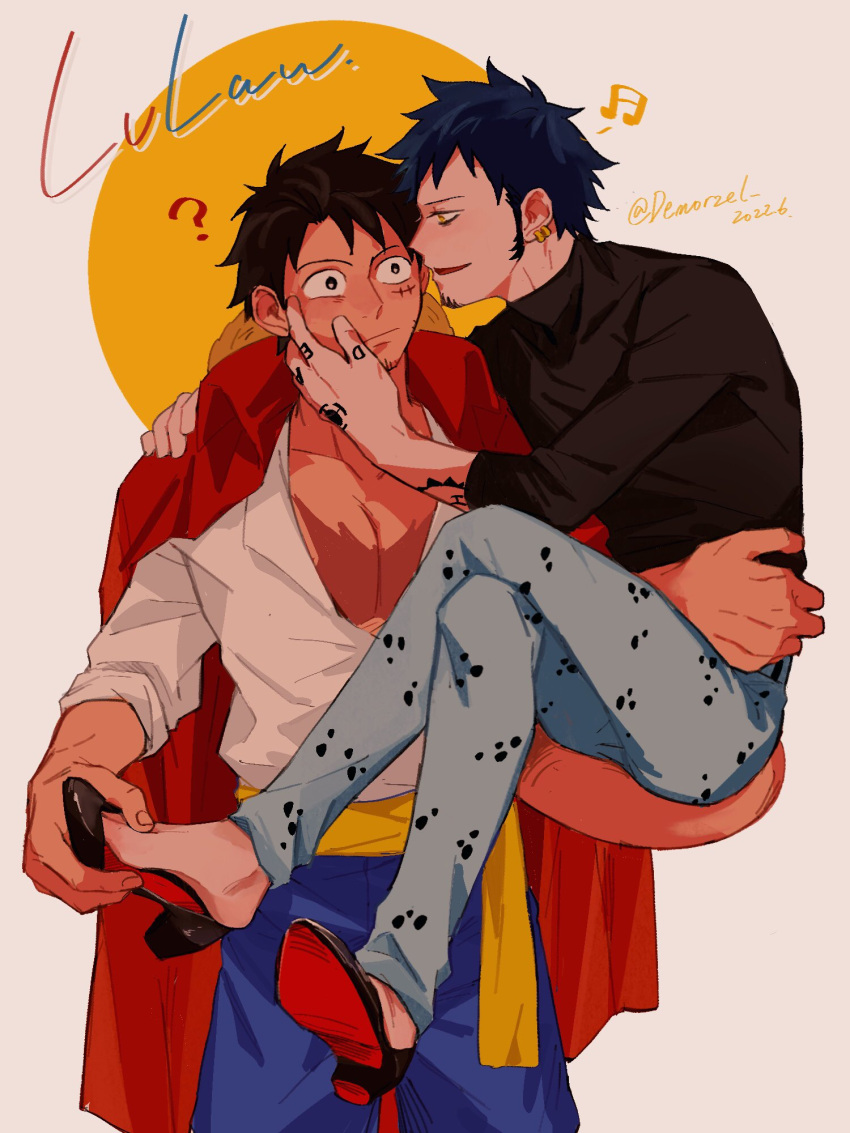 2022 2boys ? aged_up arm_tattoo blush cape carrying carrying_person commentary_request couple dated demorzel denim earrings facial_hair goatee hand_on_another's_face hand_tattoo hat high_heels highres jeans jewelry looking_at_another male_focus monkey_d._luffy multiple_boys muscular muscular_male musical_note one_piece pants pectorals scar scar_on_cheek scar_on_chest scar_on_face shirt smile spoken_musical_note straw_hat stretched_limb tattoo trafalgar_law turtleneck twitter_username white_shirt yaoi yellow_eyes