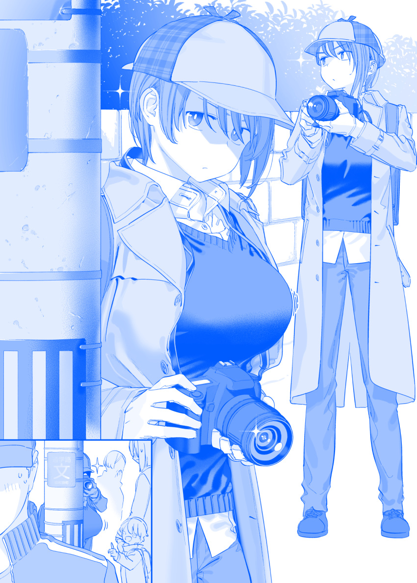 1boy 4girls blue_theme breasts camera character_request closed_mouth coat commentary detective full_body getsuyoubi_no_tawawa hair_between_eyes hat highres himura_kiseki holding holding_camera large_breasts long_sleeves looking_at_viewer monochrome multiple_girls multiple_views open_clothes open_coat pants shirt short_hair standing sweater_vest taking_picture voyeurism