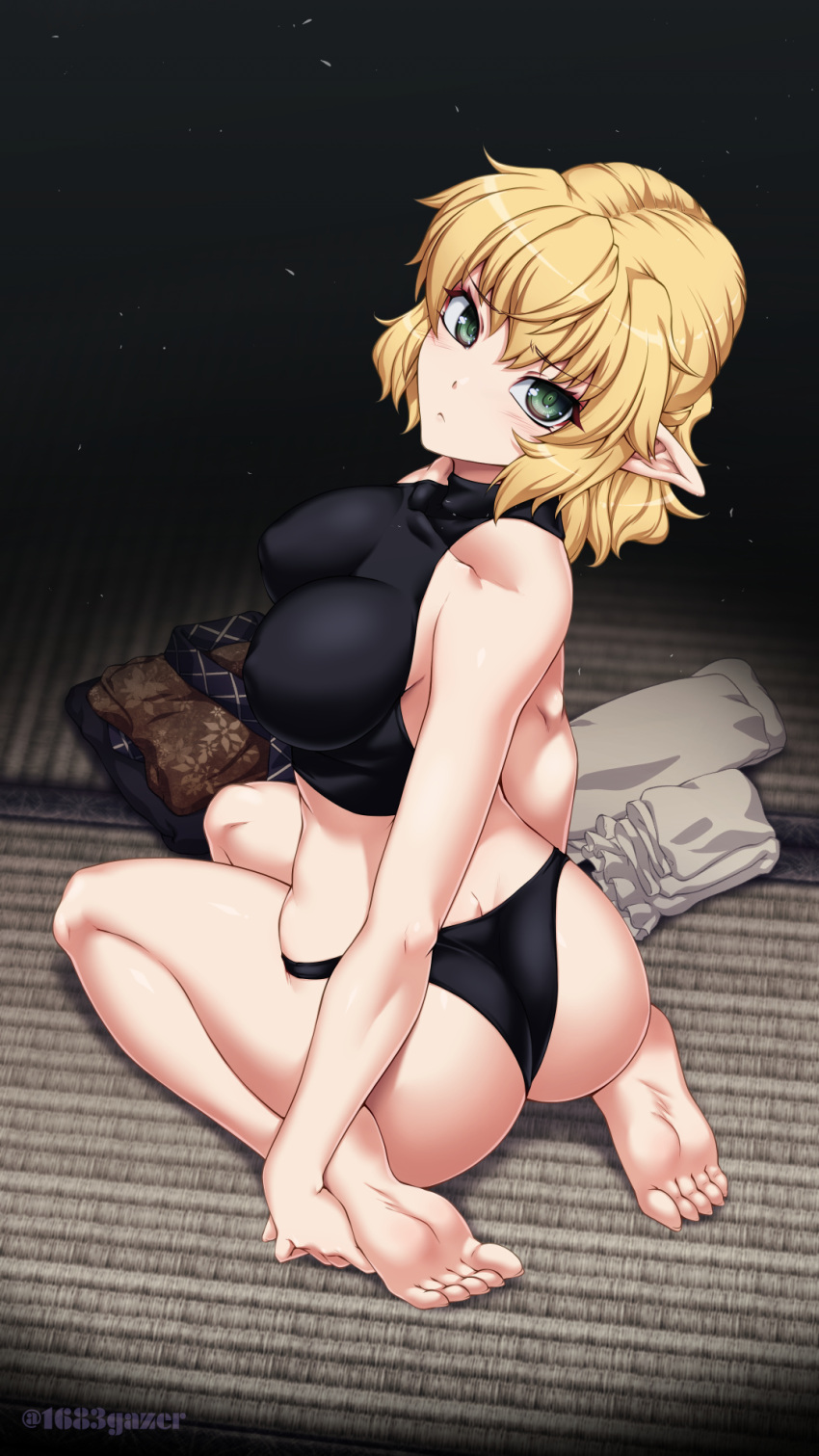 1girl ass back barefoot black_bra black_panties blonde_hair blush bra breasts closed_mouth commentary_request feet full_body green_eyes highres large_breasts looking_at_viewer looking_back medium_bangs mizuhashi_parsee ootsuki_wataru panties pointy_ears seiza short_hair sitting skirt soles solo tatami toes touhou underwear underwear_only unworn_clothes unworn_shirt unworn_skirt vignetting