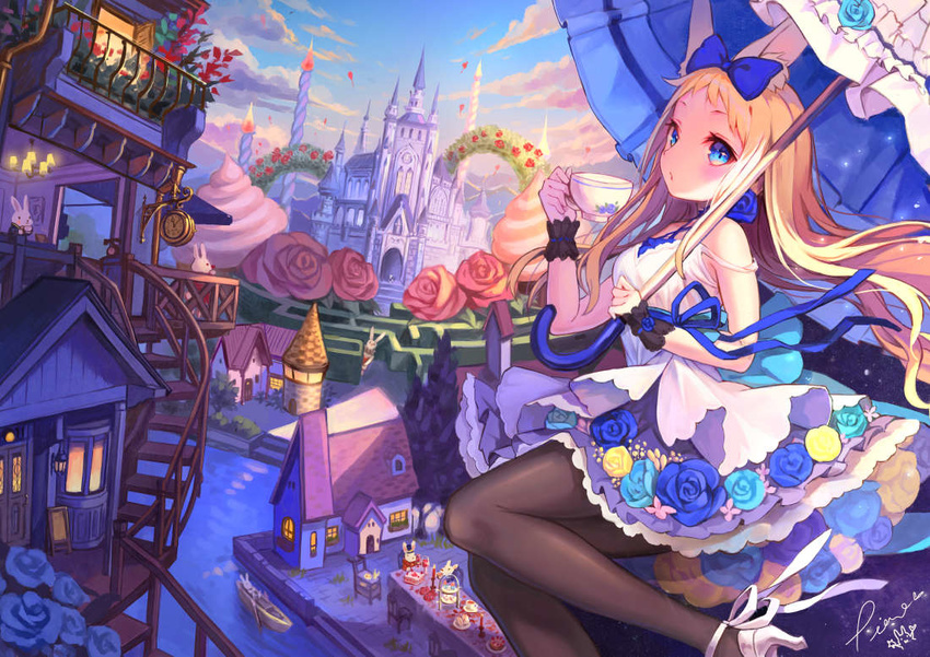 animal animal_ears bangs bare_shoulders black_legwear blonde_hair blue_bow blue_eyes blue_ribbon blue_sky blush boat bow bunny canal castle chair clock closed_mouth clothed_animal cloud cloudy_sky commentary_request cup day dress fantasy fire flower frilled_umbrella frills hair_bow high_heels holding holding_cup holding_umbrella house long_hair looking_at_viewer maze original outdoors pantyhose pierorabu pink_flower pink_rose purple_skirt red_flower ribbon rose sign signature skirt sky sleeveless sleeveless_dress solo stairs stone_stairs strap_slip table tower umbrella very_long_hair water watercraft white_dress white_footwear white_umbrella wrist_cuffs yellow_flower yellow_rose