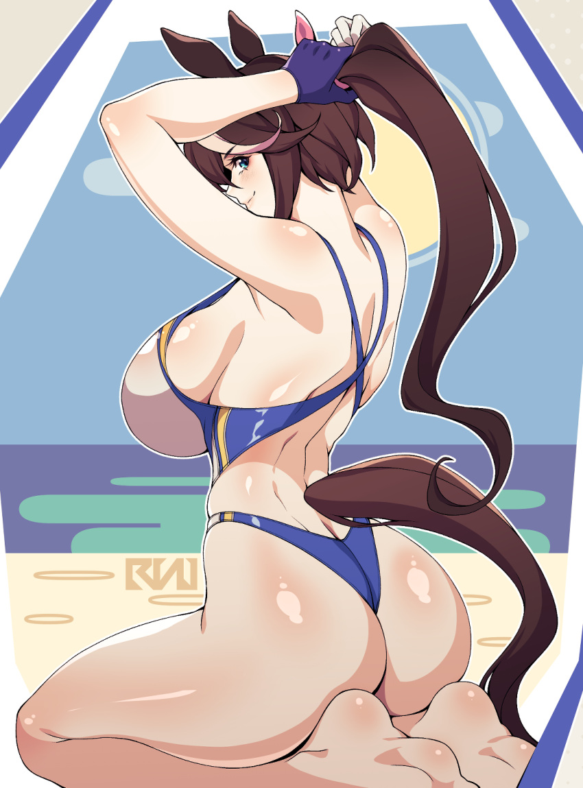 1girl adjusting_hair alternate_breast_size alternate_costume animal_ears arms_up ass bare_shoulders barefoot beach blue_eyes bow breasts cero_rains competition_swimsuit fingerless_gloves from_behind gloves hair_between_eyes highres horse_ears horse_girl horse_tail large_breasts long_hair looking_at_viewer looking_back multicolored_hair ocean one-piece_swimsuit outdoors pink_bow ponytail seiza sitting soles solo streaked_hair swimsuit tail tokai_teio_(umamusume) umamusume water white_hair