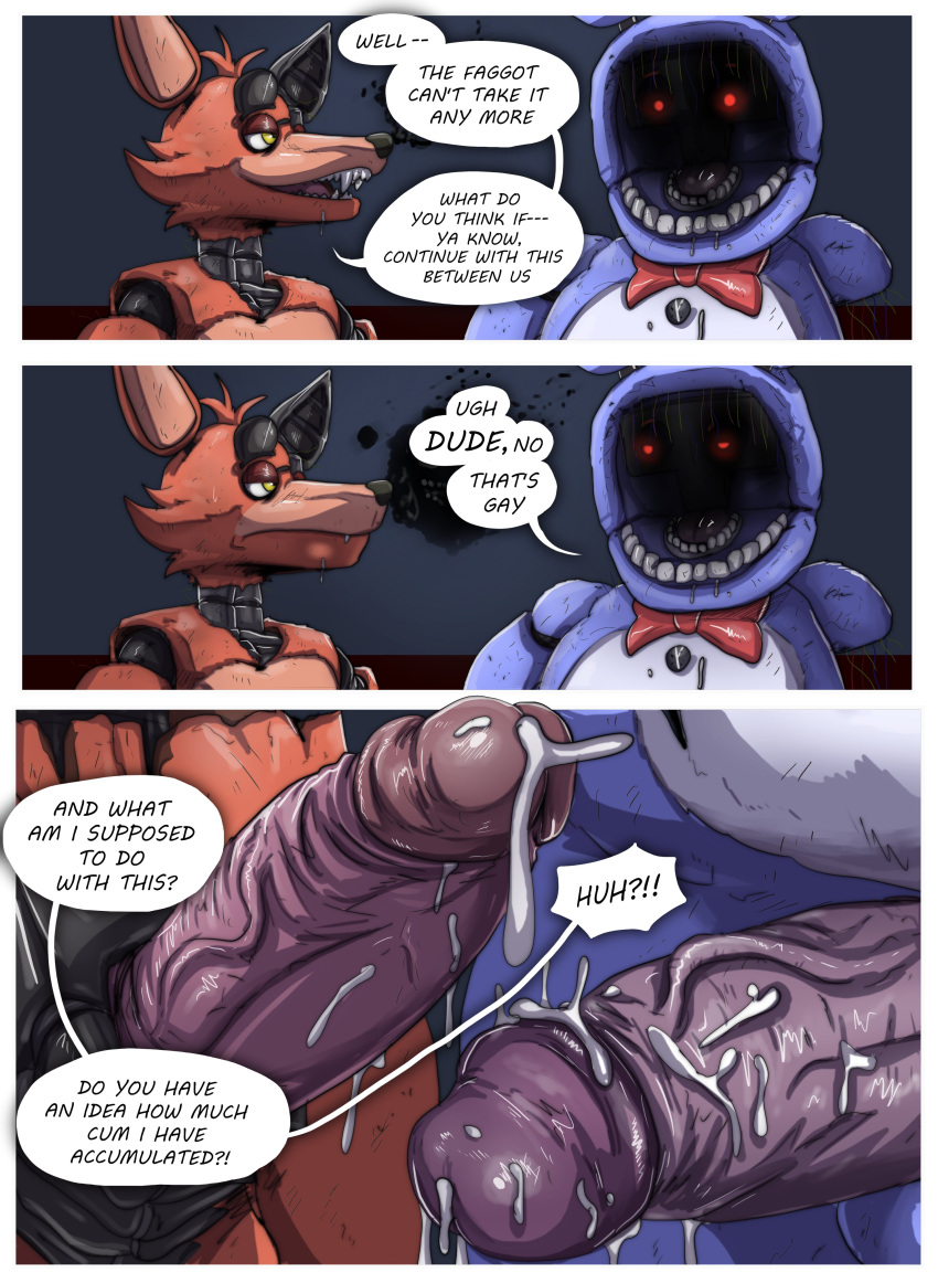 2024 absurd_res after_sex animatronic anthro anthro_on_anthro big_penis black_eye_patch black_inner_ear bodily_fluids canid canine comic cum cum_drip cum_on_penis dialogue dripping english_text erection fangs five_nights_at_freddy's five_nights_at_freddy's_2 fox frown fur genital_fluids genitals glans glowing glowing_eyes hi_res homophobic_slur inside lagomorph leporid looking_at_another machine male male/male mammal overweight overweight_anthro overweight_male penis pink_body pink_fur pink_glans pink_inner_ear pink_penis purple_body purple_fur rabbit red_body red_bowtie red_eyes red_fur robot scottgames sharp_teeth smile speech_bubble teastuff teeth text withered_bonnie_(fnaf) withered_foxy_(fnaf)
