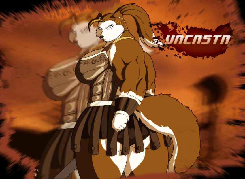 2018 anthro armor big_breasts blue_eyes bottomwear breasts butt canid canine canis character_name clothing collie domestic_dog english_text female fur herding_dog huge_breasts mammal multicolored_body multicolored_fur muscular muscular_anthro muscular_female pastoral_dog rough_collie sheepdog solo text topwear two_tone_body two_tone_fur xxsparcoxx yacasta_(xxsparcoxx)