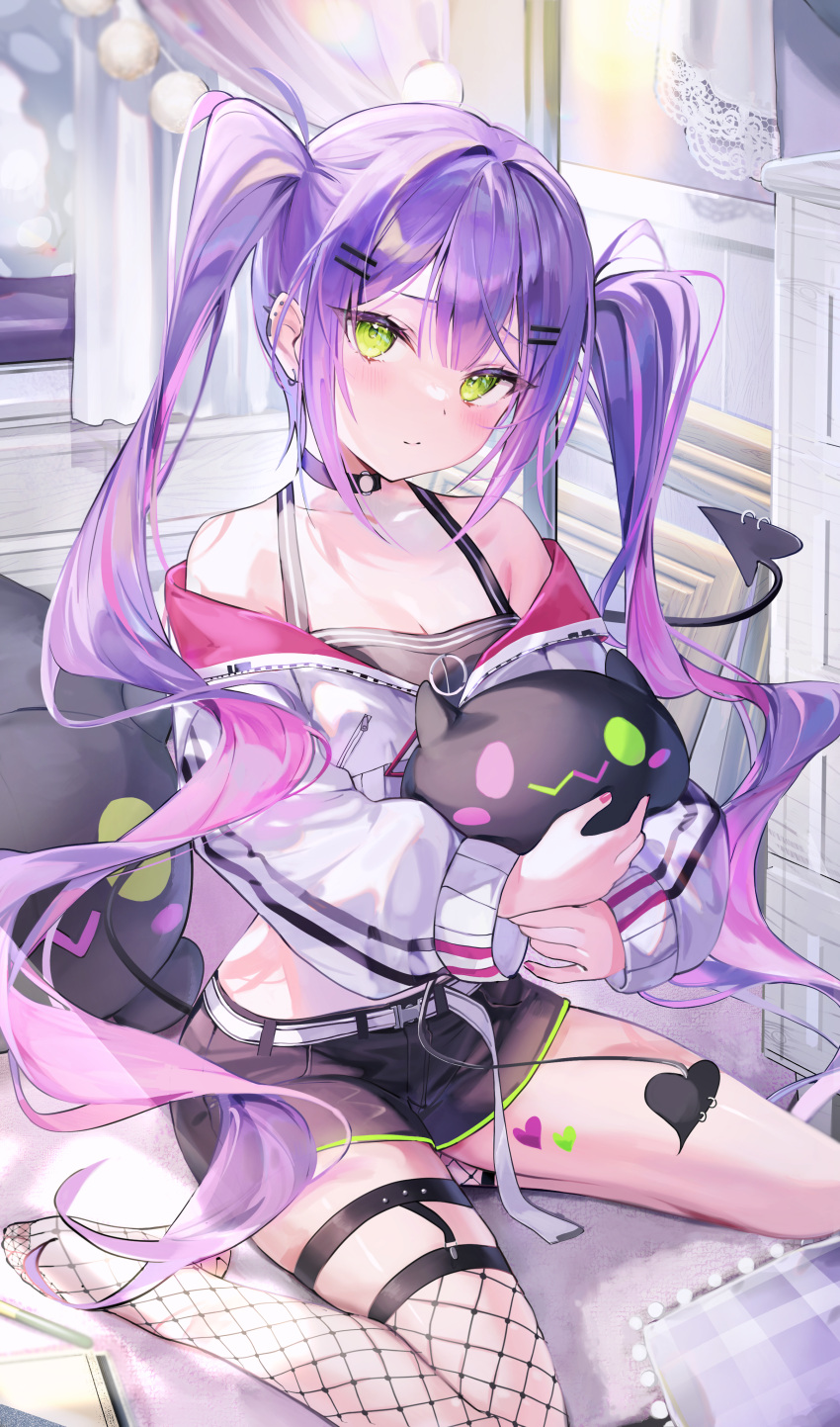 1girl absurdres ame929 bibi_(tokoyami_towa) black_choker black_tank_top blush breasts choker cleavage cropped_jacket demon_girl demon_tail ear_piercing fishnet_thighhighs fishnets green_eyes hair_ornament hairpin heart heart_tattoo highres hololive jacket leg_tattoo looking_at_viewer multicolored_hair nail_polish o-ring o-ring_choker piercing pink_hair pink_nails purple_hair single_thighhigh small_breasts solo streaked_hair tail tail_ornament tail_piercing tank_top tattoo thigh_strap thighhighs tokoyami_towa tokoyami_towa_(1st_costume) twintails virtual_youtuber white_jacket