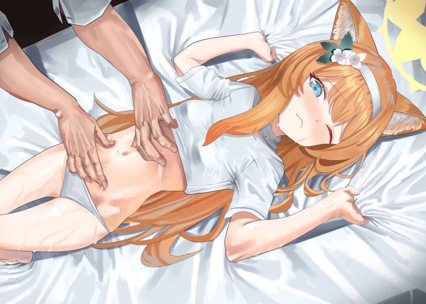 1girl 1other absurdres animal_ear_fluff animal_ears bed_sheet blue_archive blue_eyes blush breasts closed_mouth flower hair_flower hair_ornament halo haoma highres jewelry long_hair mari_(blue_archive) massage navel necklace one_eye_closed orange_hair panties shirt short_sleeves small_breasts sweat underwear white_flower white_panties white_shirt yellow_halo