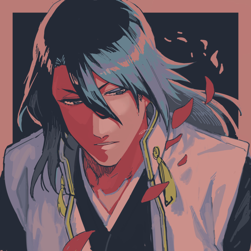 1boy a_nzi_end black_background black_eyes black_hair black_shirt bleach border cherry_blossoms close-up collarbone hair_between_eyes half-closed_eyes haori highres japanese_clothes kuchiki_byakuya long_hair looking_to_the_side male_focus parted_lips pink_border shihakusho shinigami shirt solo taichou_haori tassel upper_body white_haori