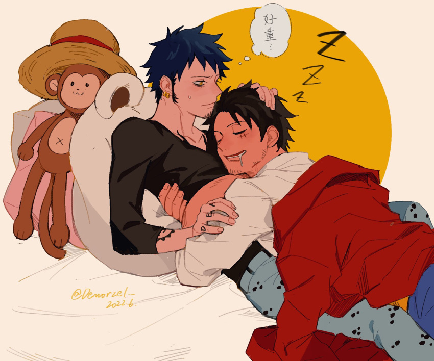 2022 2boys aged_up arm_tattoo blush cape closed_eyes closed_mouth commentary_request couple dated demorzel denim earrings facial_hair goatee hand_on_another's_head hand_tattoo hat highres hug jeans jewelry lying male_focus monkey_d._luffy multiple_boys one_piece pants pillow scar scar_on_cheek scar_on_face shirt sleeping sleeping_on_person straw_hat stretched_limb stuffed_animal stuffed_monkey stuffed_toy sweatdrop tattoo thought_bubble trafalgar_law translation_request twitter_username white_shirt yaoi yellow_eyes zzz