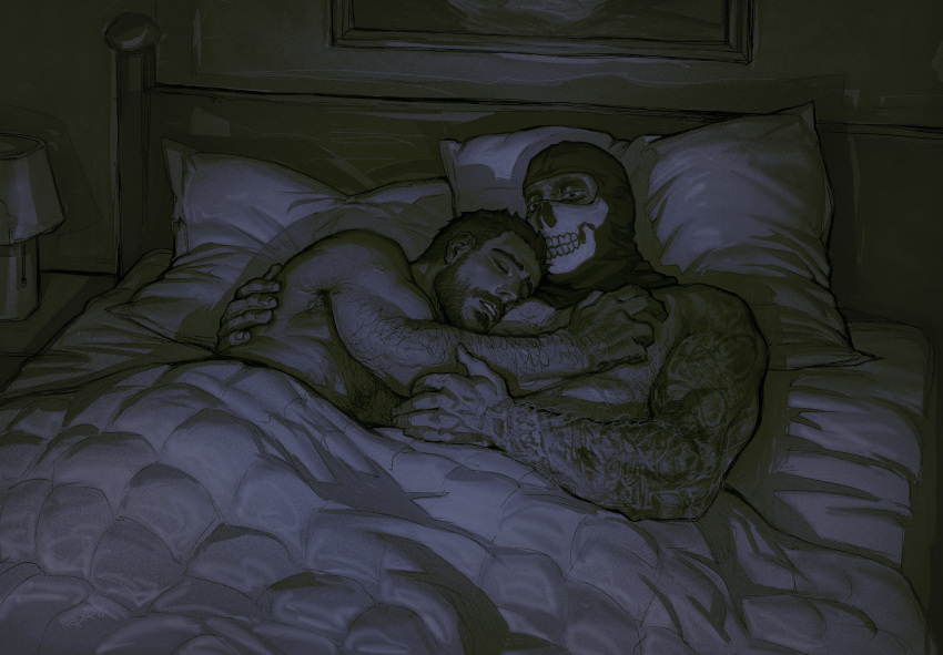 2boys absurdres arm_hair arm_tattoo bara bed call_of_duty call_of_duty:_modern_warfare_2 closed_eyes couple facepaint facial_hair ghost_(modern_warfare_2) highres hug indoors large_pectorals looking_at_another lying male_focus mask multiple_boys muscular muscular_male netcrow98 on_back on_bed on_side pectorals pillow short_hair skull_mask soap_(modern_warfare_2) tattoo yaoi