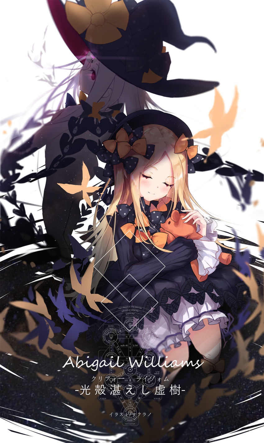 abigail_williams_(fate/grand_order) absurdres bad_id bad_pixiv_id bangs black_bow black_dress black_hat blonde_hair bloomers blush bow bug butterfly character_name closed_eyes closed_mouth commentary_request dress dual_persona eyebrows_visible_through_hair fate/grand_order fate_(series) glowing glowing_eyes hair_bow hat hat_bow head_tilt highres insect long_hair long_sleeves looking_back multiple_girls object_hug orange_bow pale_skin parted_bangs polka_dot polka_dot_bow purple_eyes revealing_clothes sakurano_shiyue sleeves_past_wrists smile stuffed_animal stuffed_toy teddy_bear translation_request underwear very_long_hair white_background white_bloomers white_hair witch_hat