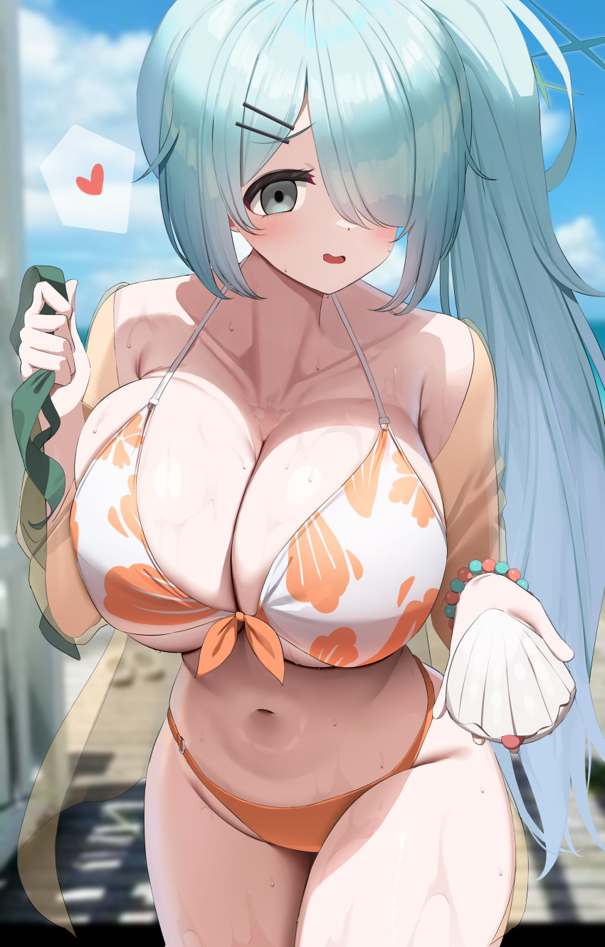 1girl absurdres aqua_hair bare_shoulders beach bikini blue_archive bracelet breasts cleavage collarbone conch front-tie_bikini_top front-tie_top hair_ornament hair_over_one_eye hairclip heart highres hiyori_(blue_archive) jewelry large_breasts long_hair looking_at_viewer navel nicorima official_alternate_costume outdoors smile solo standing swimsuit thighs very_long_hair wet