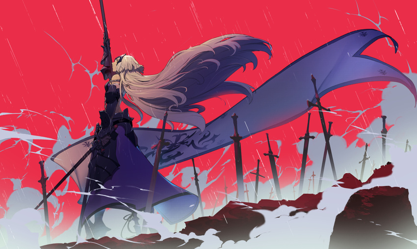 arm_up armor bangs commentary_request fate/grand_order fate_(series) faulds floating_hair from_side grey_hair headpiece holding holding_sword holding_weapon jeanne_d'arc_(alter)_(fate) jeanne_d'arc_(fate)_(all) long_hair outdoors planted_sword planted_weapon red_background ryota-h solo standard_bearer sword vambraces very_long_hair weapon
