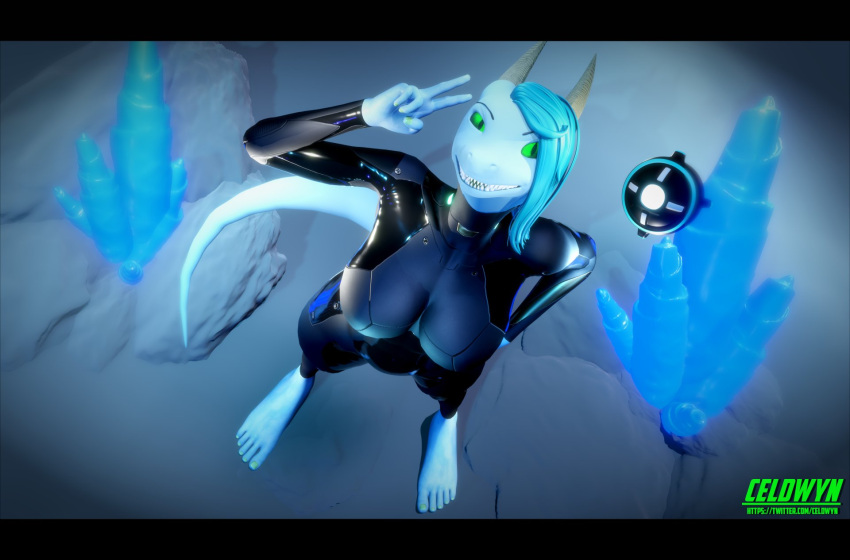 alien_planet anthro big_breasts blender_(software) bodysuit border breasts celdwyn chappey clothing colored_nails crystal dragon drone female hi_res humanoid latex machine nails pose posing_for_picture robot sharp_teeth skinsuit smile solo tail teeth tight_clothing watermark