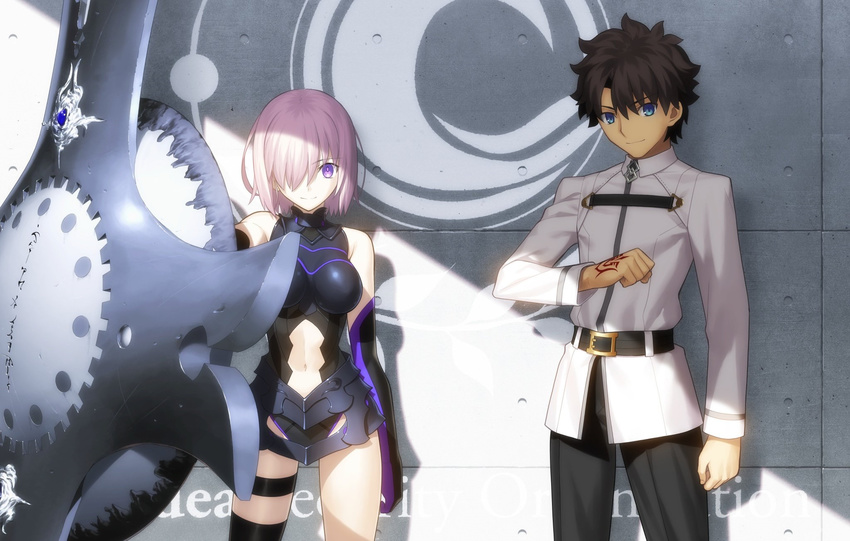 1girl against_wall arm_at_side bare_shoulders belt belt_buckle black_gloves black_legwear black_leotard black_pants blue_eyes breasts brown_hair buckle chaldea_uniform closed_mouth command_spell cowboy_shot elbow_gloves eyebrows_visible_through_hair fate/grand_order fate/grand_order:_first_order fate_(series) fujimaru_ritsuka_(male) gloves hair_over_one_eye highres legs_apart leotard looking_at_viewer mash_kyrielight medium_breasts navel official_art oversized_object pants pink_hair purple_eyes scan shield short_hair single_thighhigh skirt smile standing stomach sunlight takeuchi_takashi thigh_strap thighhighs thighs uniform white_skirt