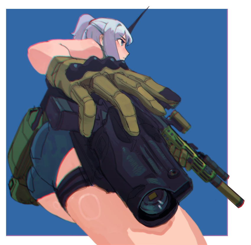 1girl absurdres ass assault_rifle bag bare_shoulders blue_eyes denim denim_shorts from_below gloves green_gloves grey_hair gun handgun highres holding holding_gun holding_weapon looking_ahead optical_sight original pocket ponytail rifle short_shorts shorts simple_background suppressor tactical_clothes thigh_pouch thighs weapon