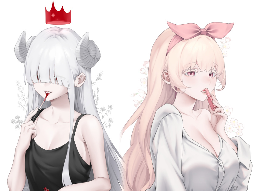 2girls absurdres applying_makeup bare_shoulders black_tank_top blanche_neige_(svet_yomi) blunt_bangs breasts character_request cleavage cosmetics crown demon_girl dress_shirt floating_crown headband highres horns large_breasts lipstick_tube long_hair multiple_girls naked_shirt no_bra off_shoulder open_clothes open_shirt original pale_skin parted_lips pink_eyes pink_hair pink_headband pink_lips red_eyes red_lips sheep_horns shirt sidelocks simple_background small_breasts svet_yomi tank_top upper_body very_long_hair white_background white_hair white_horns white_shirt