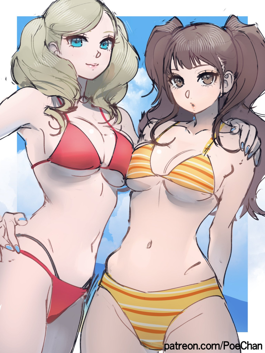 2girls arms_behind_back bikini blonde_hair blue_eyes blue_nails border breasts brown_eyes brown_hair cloud cloudy_sky hand_on_another's_shoulder highres kujikawa_rise large_breasts long_hair looking_at_viewer multiple_girls narrow_waist navel patreon_username persona persona_4 persona_5 poechan_chan red_bikini sky string_bikini striped_bikini striped_clothes swimsuit takamaki_anne twintails underboob web_address white_border yellow_bikini