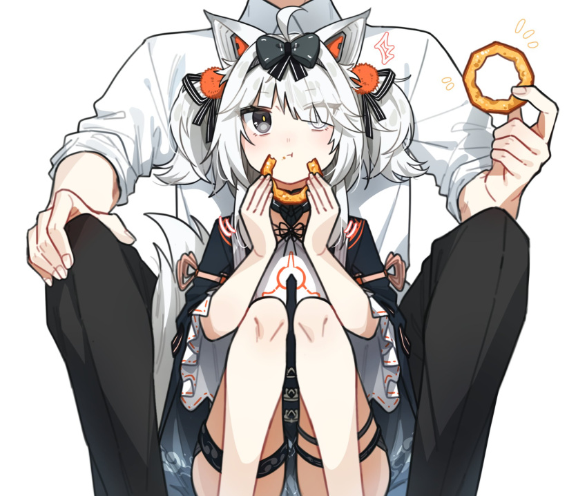 1boy 1girl ahoge animal_ears asymmetrical_bangs black_bow black_pants bow chinese_clothes collared_shirt commandant_(punishing:_gray_raven) eating food food_on_face food_request grey_eyes grey_hair hair_ornament hair_over_one_eye highres holding holding_food mechanical_ears myam_(123ab456c) no.21:_feral_scent_(punishing:_gray_raven) no.21_(punishing:_gray_raven) official_alternate_costume official_alternate_hairstyle orange_pom_poms pants pom_pom_(clothes) pom_pom_hair_ornament punishing:_gray_raven shirt sidelocks thighlet twintails white_background white_shirt wide_sleeves wolf_ears