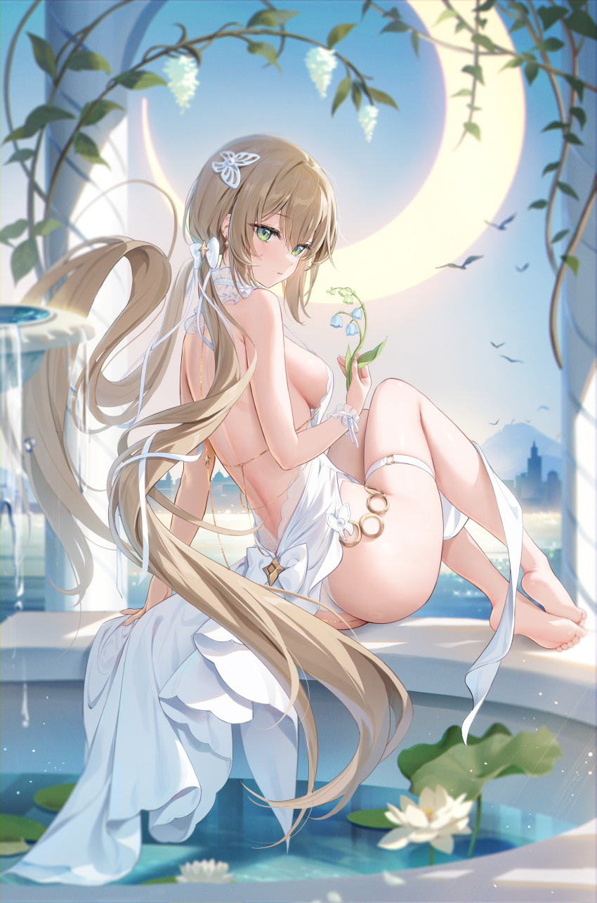 1girl absurdres apron ass back barefoot breasts closed_mouth flower green_eyes highres holding holding_flower houkisei large_breasts long_hair lotus lotus_leaf moon naked_apron new_moon original sitting twintails water white_apron