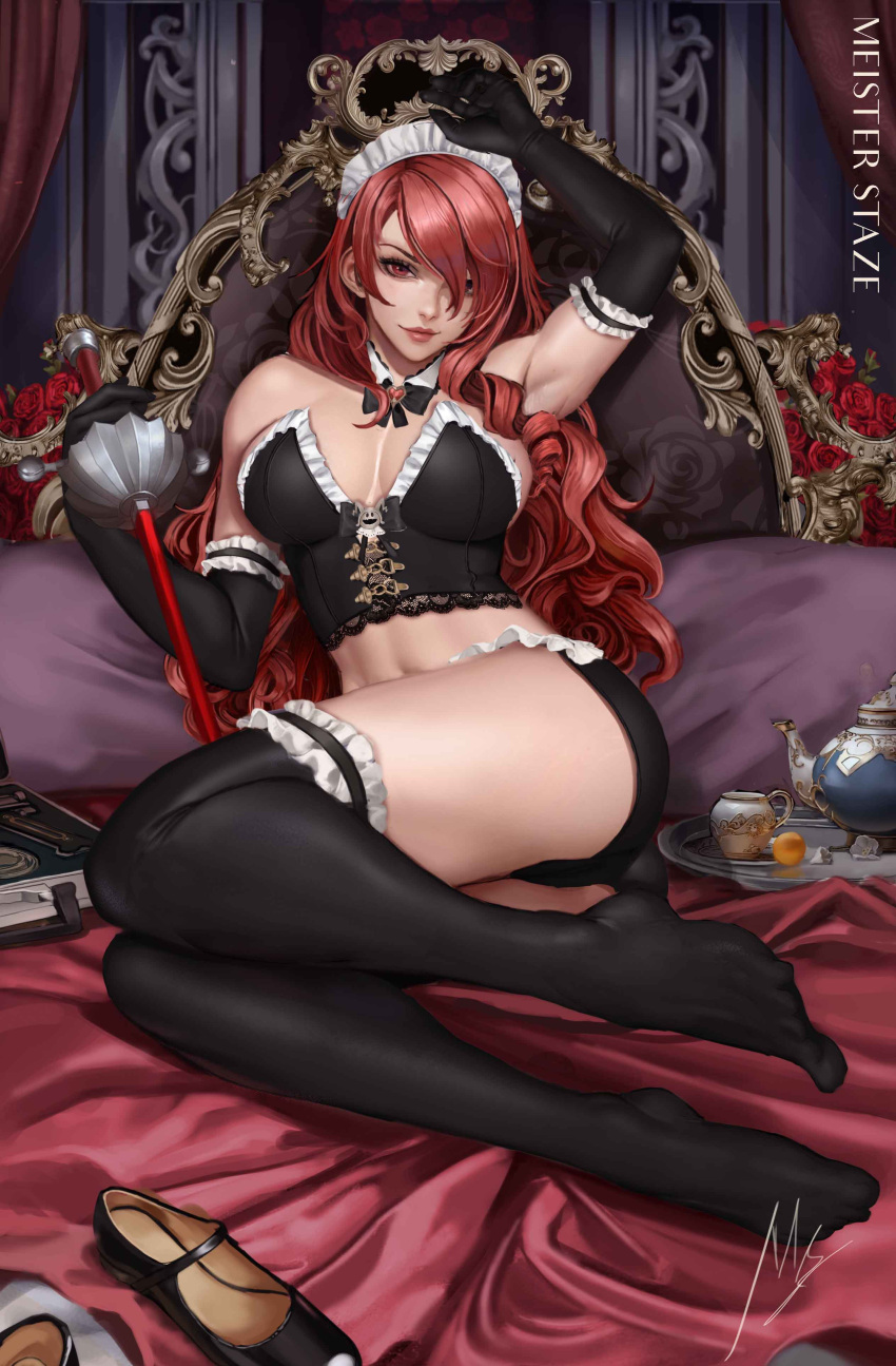 1girl absurdres ass bed bed_frame black_thighhighs bow bowtie breasts cleavage detached_collar elbow_gloves gloves hair_over_one_eye highres kirijou_mitsuru long_hair looking_at_viewer maid_headdress meister_staze persona persona_3 pillow rapier red_hair sitting smile solo sword teapot thighhighs unworn_footwear wavy_hair weapon
