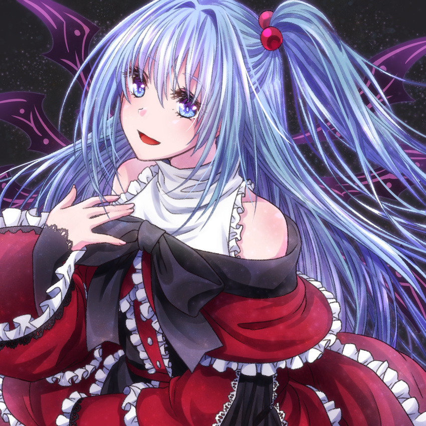 :d black_bow blue_eyes bow capelet dress frilled_dress frilled_sleeves frills hair_bobbles hair_ornament highres ice_(aitsugai) long_hair multiple_wings one_side_up open_mouth red_capelet red_dress shinki silver_hair smile solo touhou touhou_(pc-98) wide_sleeves wings