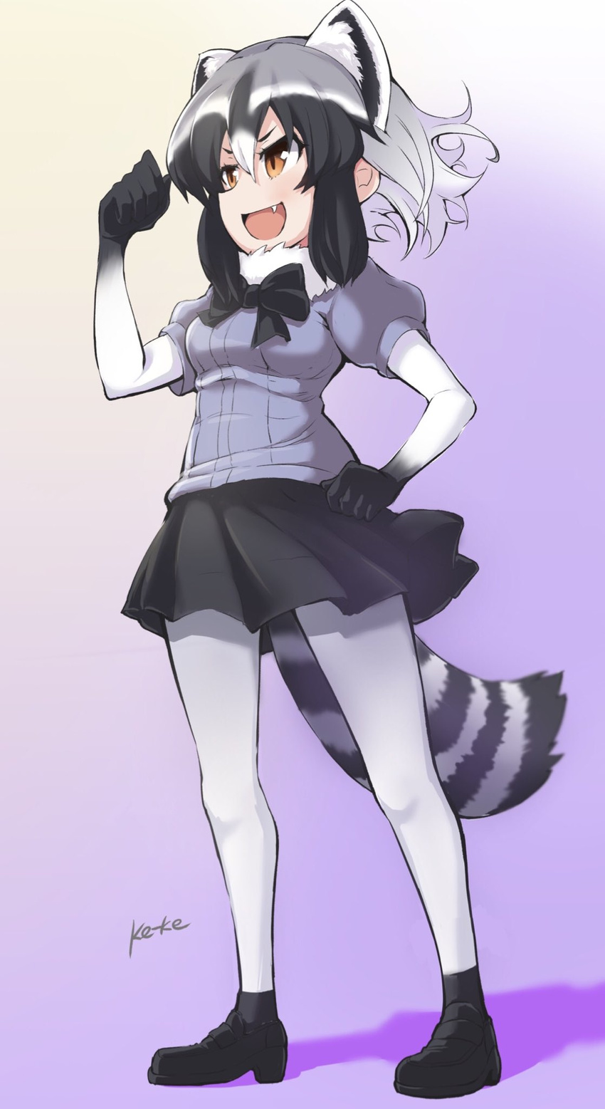 :d animal_ears arm_up artist_name black_footwear black_gloves black_hair black_neckwear black_skirt bow bowtie brown_eyes clenched_hands commentary_request common_raccoon_(kemono_friends) extra_ears fang from_side fur_collar gloves gradient gradient_background grey_hair hand_on_hip highres ke-ke kemono_friends miniskirt multicolored_hair open_mouth pantyhose purple_background raccoon_ears raccoon_tail shadow short_sleeves signature skirt smile solo standing tail white_legwear