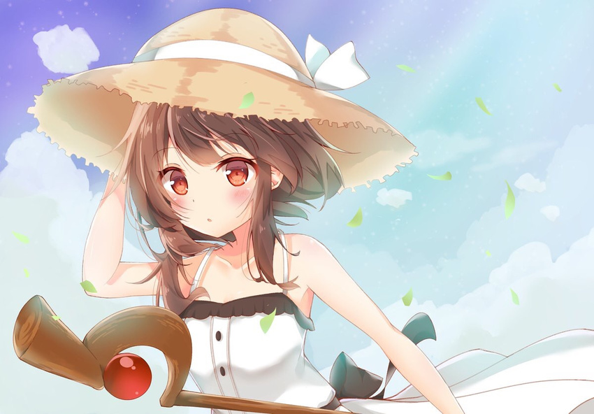 bad_id bad_pixiv_id black_hair blush brown_hair cloud collarbone day dress eyebrows_visible_through_hair hair_between_eyes hand_on_headwear hat kono_subarashii_sekai_ni_shukufuku_wo! looking_at_viewer megumin miyu19996513 parted_lips rainbow red_eyes short_hair_with_long_locks sky sleeveless sleeveless_dress solo spaghetti_strap staff sun_hat sundress upper_body white_dress wind witch_hat