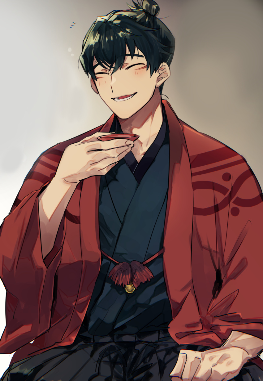 1boy ^_^ black_hair black_hakama blue_kimono blush closed_eyes cup facing_viewer fate/grand_order fate_(series) hakama haori highres holding holding_cup itou_kashitarou_(fate) japanese_clothes kimono long_sleeves male_focus notice_lines parted_lips sakazuki seiza short_hair simple_background sitting smile solo upper_body wide_sleeves yuu_(areruya)