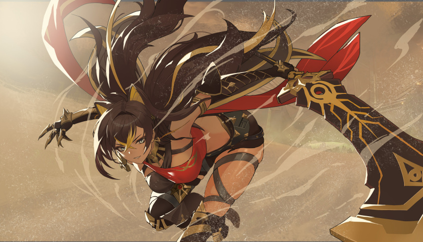 1girl arm_armor armlet asymmetrical_clothes beacon_of_the_reed_sea_(genshin_impact) belt bent_over black_gloves black_hair blonde_hair blue_eyes boots breasts capelet criss-cross_halter crossed_bangs dangle_earrings dark-skinned_female dark_skin dehya_(genshin_impact) desert earrings elbow_gloves fingerless_gloves floating_hair gauntlets genshin_impact gloves gold_choker gold_trim hair_between_eyes hair_ears hair_intakes halterneck hanging_breasts highres holding holding_sword holding_weapon jewelry large_breasts leaning_forward long_hair looking_at_viewer multicolored_hair multiple_thigh_straps pants parted_lips red_capelet sand single_bare_shoulder single_earring single_fingerless_glove single_gauntlet skindentation smile solo spiked_knuckles streaked_hair sword thigh_boots thigh_strap thighs toned torn_clothes torn_pants two-tone_hair very_long_hair weapon xleontan