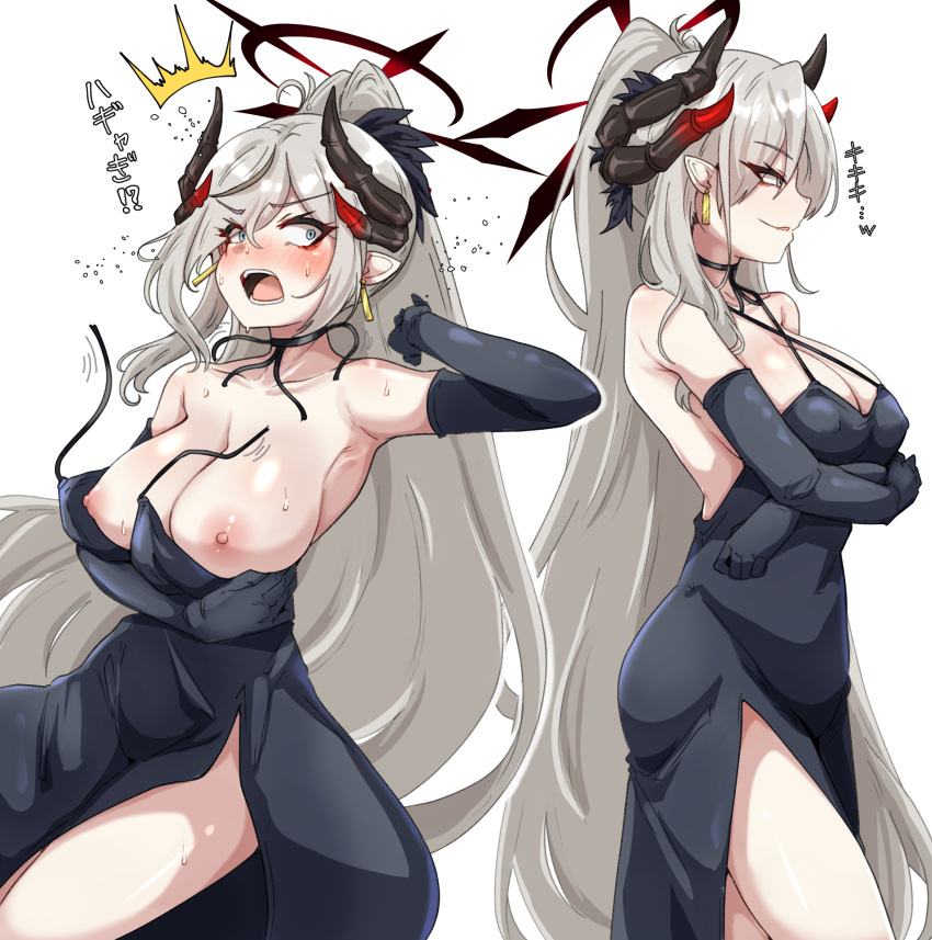 1girl arms_under_breasts bare_shoulders black_dress black_gloves black_horns blue_archive blue_eyes blush breasts cleavage clothes_pull commentary_request covered_nipples dress dress_pull earrings elbow_gloves gloves grey_hair hair_between_eyes halo high_ponytail highres horns huge_breasts jewelry long_hair machismo_fuji makoto_(blue_archive) makoto_(dress)_(blue_archive) multiple_views nipples open_mouth pointy_ears simple_background sweat teeth translation_request very_long_hair white_background