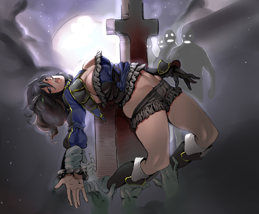 1girl bloodstained:_ritual_of_the_night bloomers cameltoe cleavage d1975 gradient_hair graveyard hair_ornament helpless miriam_(bloodstained) single_gauntlet stomach thick_thighs tombstone zombie