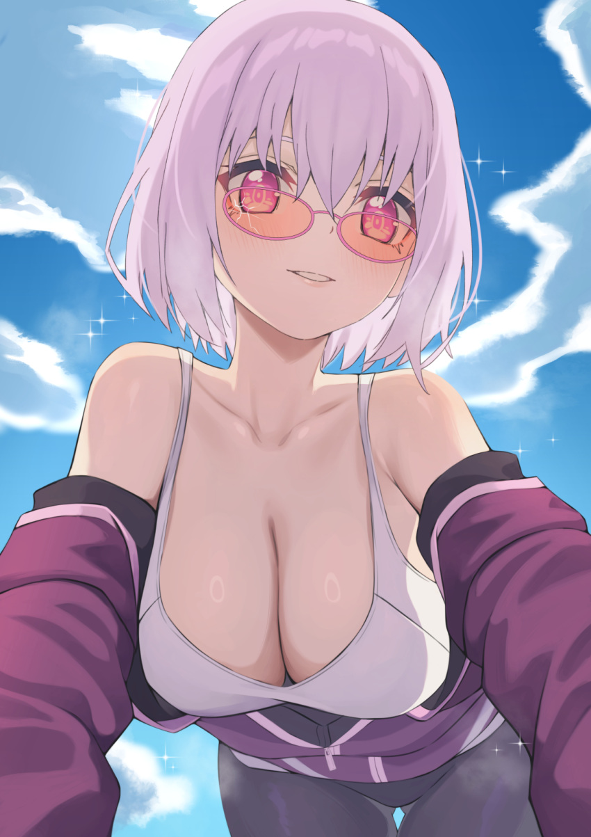 1girl blue_sky breasts broken_eyewear cleavage collarbone day glasses gridman_universe highres huge_breasts jacket kangbus medium_hair pink-framed_eyewear pink-tinted_eyewear pink_eyes pink_hair purple_jacket shinjou_akane sky smile solo ssss.gridman tinted_eyewear