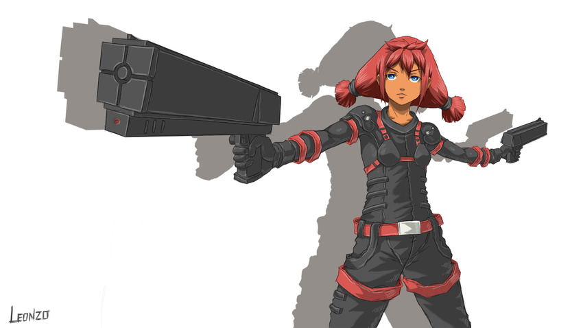 artist_name blame! blue_eyes bodysuit breasts closed_mouth dual_wielding energy_weapon everlasting_summer gloves graviton_beam_emitter gun handgun highres holding leonzo orange_skin pistol red_hair simple_background small_breasts solo twintails upper_body ussr-tan weapon white_background