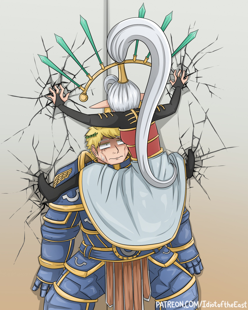 1boy 1girl absurdres against_wall armor blonde_hair bridal_gauntlets cicada_block_(meme) commentary crack cracked_wall eldar english_commentary full_armor high_ponytail highres idiot_of_the_east laurel_crown long_hair long_skirt meme pointy_ears primarch roboute_guilliman shaded_face skirt sweatdrop very_long_hair warhammer_40k web_address white_hair yvraine