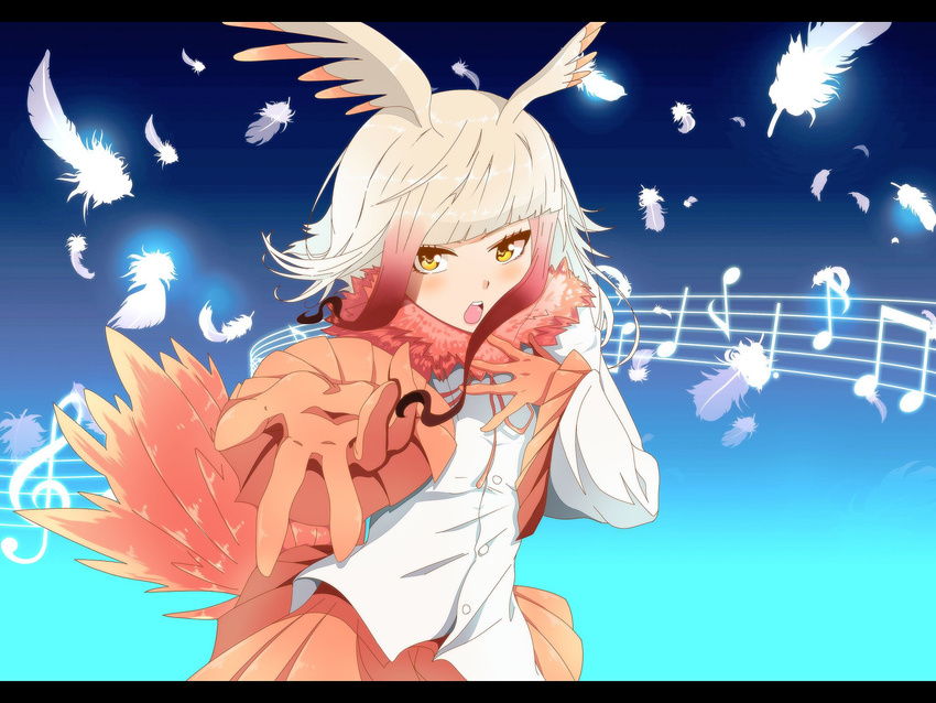 bangs blue_background blunt_bangs blush buttons commentary_request eighth_note feathers frame fur_collar gloves gradient gradient_background gradient_hair head_wings highres japanese_crested_ibis_(kemono_friends) kappa_(moonsidekanade) kemono_friends long_sleeves looking_at_viewer multicolored_hair musical_note pleated_skirt pleated_sleeves quarter_note reaching_out red_gloves red_hair red_skirt sixteenth_note skirt solo staff_(music) tail_feathers treble_clef white_hair wide_sleeves yellow_eyes