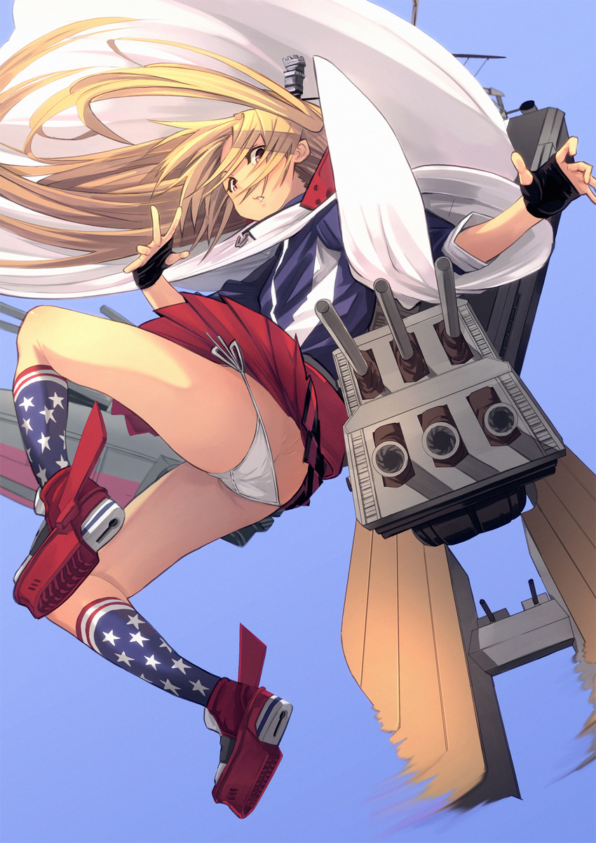 american_flag_legwear ankle_boots ass azur_lane bangs black_gloves blonde_hair blue_background blue_jacket boots butt_crack cannon cape cleveland_(azur_lane) commentary_request falling fingerless_gloves flat_ass fu-ta gloves hair_over_eyes highres jacket long_hair looking_at_viewer lowleg lowleg_panties machinery multicolored multicolored_clothes multicolored_legwear panties pleated_skirt red_eyes red_skirt side-tie_panties simple_background skirt skirt_lift socks solo two_side_up underwear white_cape white_panties wind wind_lift