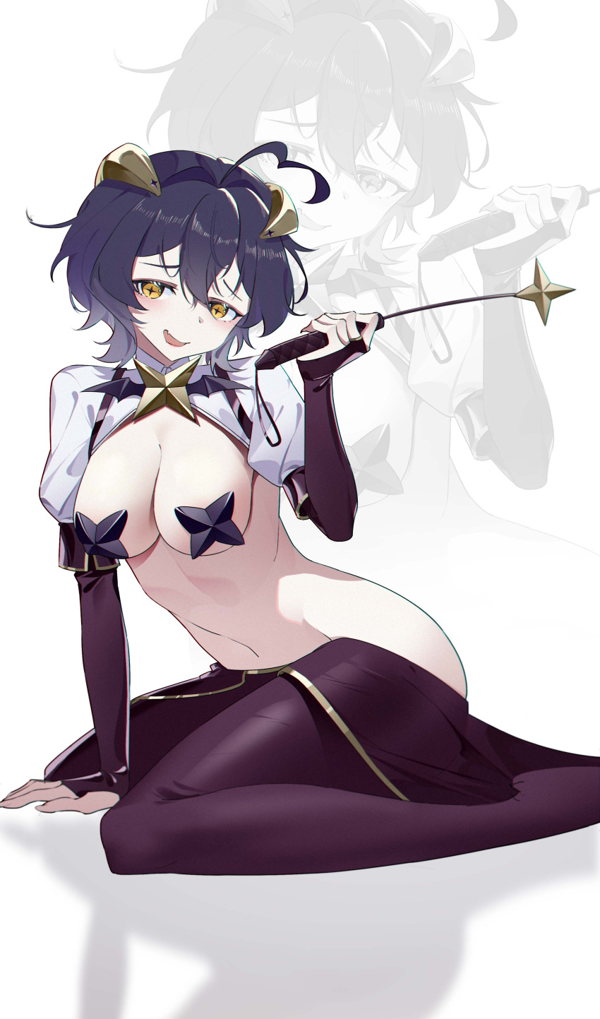 1girl absurdres ahoge black_hair black_pasties breasts cross-shaped_pupils cross_pasties forward_facing_horns highres hiiragi_utena hitomi_(tongshou) holding_riding_crop horns lowleg lowleg_pants magia_baiser mahou_shoujo_ni_akogarete medium_breasts navel pants pasties purple_pants revealing_clothes riding_crop short_hair shrug_(clothing) solo symbol-shaped_pupils white_shrug yellow_eyes yellow_horns