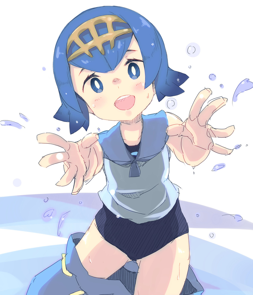 :d absurdres ass_visible_through_thighs bangs bare_arms black_swimsuit blue_eyes blue_hair blue_pants bright_pupils collarbone cowboy_shot crop_top eyebrows eyelashes hairband highres kogen legs_apart looking_at_viewer one-piece_swimsuit open_mouth outstretched_arms pants pants_pull pokemon pokemon_(game) pokemon_sm reaching_out ribbon-trimmed_clothes ribbon-trimmed_pants ribbon_trim sailor_collar school_swimsuit shirt short_hair sleeveless sleeveless_shirt smile solo standing suiren_(pokemon) swimsuit swimsuit_under_clothes tareme teeth trial_captain water wet white_pupils white_shirt yellow_hairband