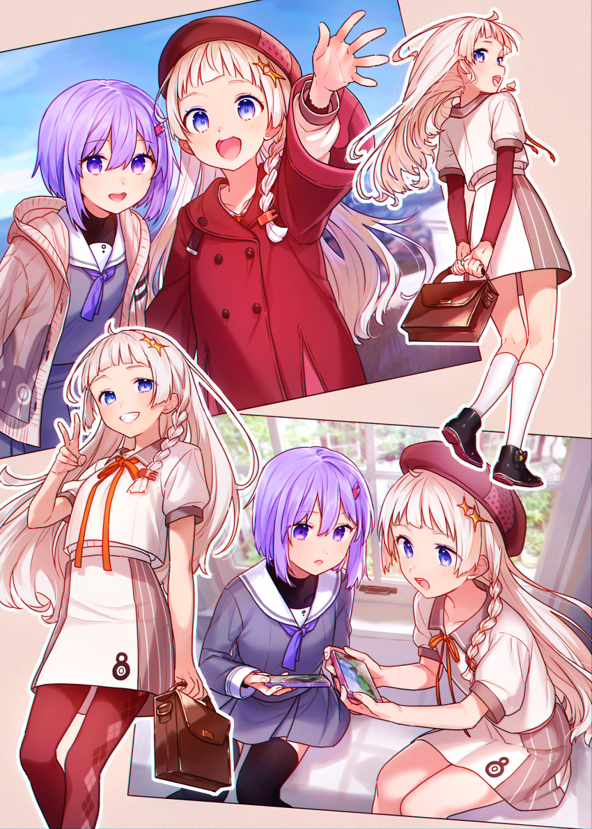 2girls a.i._voice ahoge ai_kusunoki argyle_pantyhose arms_behind_back beret black_thighhighs blue_eyes bob_cut braid briefcase brown_background brown_cardigan brown_skirt buttons cardigan coat collage commentary_request day double-breasted floating_hair grey_serafuku grey_shirt grey_skirt grin hair_ornament hairclip hat highres holding holding_briefcase hood hood_down hooded_cardigan kizuna_akari kizuna_akari_(tsubomi) kneehighs layered_sleeves long_hair long_sleeves multiple_girls multiple_views neckerchief open_cardigan open_clothes outline outstretched_arm pantyhose photo_(object) puffy_short_sleeves puffy_sleeves purple_eyes purple_hair purple_neckerchief red_coat red_headwear red_pantyhose red_sleeves sailor_collar school_briefcase school_uniform serafuku shirt short_hair short_over_long_sleeves short_sleeves side_braid sitting sitting_in_window skirt smile socks sparkle_hair_ornament thighhighs two-tone_skirt undershirt v voiceroid white_outline white_sailor_collar white_skirt windowsill yuzuki_yukari yuzuki_yukari_(shizuku)