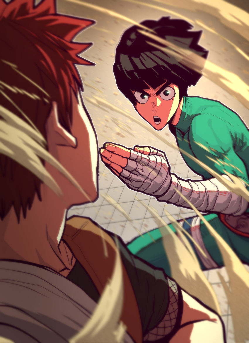 2boys absurdres bandaged_hand bandages battle black_eyes black_hair black_skirt blurry_edges bodysuit bowl_cut crossed_arms element_bending eyelashes facing_to_the_side feet_out_of_frame fighting_stance fingernails fishnet_sleeves floating_hair gaara_(naruto) geokinesis green_bodysuit hand_up highres konohagakure_symbol looking_at_another male_focus multiple_boys naruto naruto_(series) ninja nostrils open_mouth outline red_hair rock_lee sand short_hair short_sleeves sidelighting skirt strap teeth thick_eyebrows thigh_strap thirdphp tile_floor tiles toned toned_male v-shaped_eyebrows white_outline wide-eyed