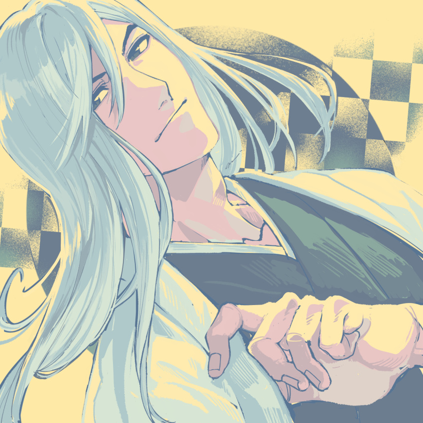 1boy a_nzi_end black_eyes black_shirt bleach checkered_background close-up closed_mouth collarbone dutch_angle hair_between_eyes haori highres japanese_clothes light_smile long_hair looking_at_viewer male_focus shihakusho shinigami shirt solo taichou_haori ukitake_juushirou white_hair white_haori