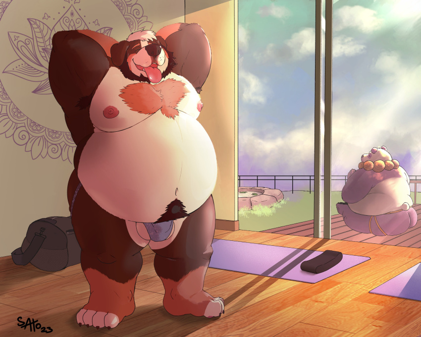 2024 absurd_res anthro balls bear belly bernese_mountain_dog big_belly big_butt bulge butt canid canine canis clothing detailed_background domestic_dog duo eyes_closed genitals giant_panda hi_res inside jockstrap male mammal molosser moobs mountain_dog nipples outside overweight overweight_male sato_afroleone swiss_mountain_dog tongue tongue_out underwear