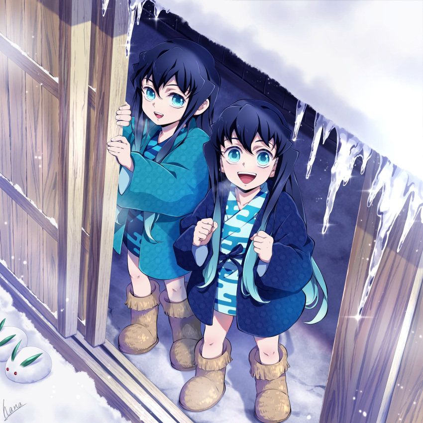 2boys :d aged_down aqua_eyes aqua_hair black_hair blue_jacket boots breath brothers child colored_tips day egasumi excited from_above from_outside glint hana_ni_nare hands_up hanten_(clothes) happy highres icicle jacket japanese_clothes kimetsu_no_yaiba kimono long_hair long_sleeves male_focus multicolored_hair multiple_boys open_mouth opening_door short_kimono siblings side-by-side sliding_doors smile snow snow_rabbit snowing standing streaked_hair tokitou_muichirou tokitou_yuichirou twins two-tone_hair very_long_hair wide_sleeves winter yellow_footwear