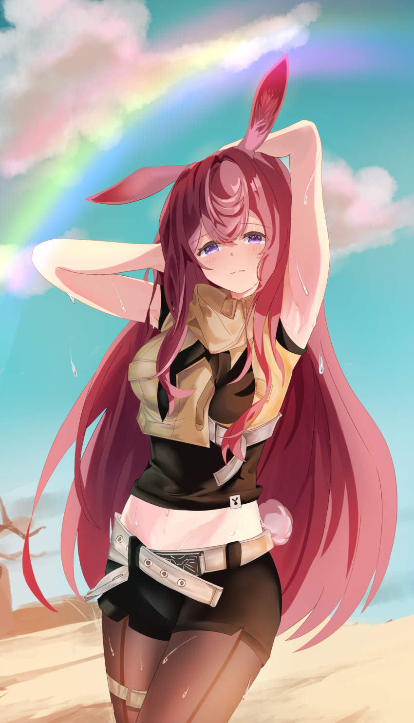 1girl absurdres animal_ears arknights armpits arms_behind_head arms_up belt black_shirt black_shorts blush breasts check_commentary cloud cloudy_sky commentary commentary_request crop_top day desert dripping hair_between_eyes highres hot long_hair looking_at_viewer medium_breasts midriff navel outdoors pantyhose purple_eyes rabbit_ears rabbit_girl rainbow ray_(arknights) red_hair shirt short_shorts shorts sky sleeveless solo sweat thighs very_long_hair very_sweaty ying_wei_jin_inexistenec