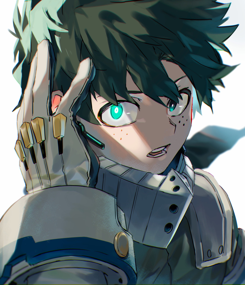 1boy absurdres bodysuit boku_no_hero_academia freckles gloves green_bodysuit green_eyes green_hair hand_up highres male_focus midoriya_izuku open_mouth short_hair simple_background solo superhero tnkatuyoshi_00 white_background white_gloves