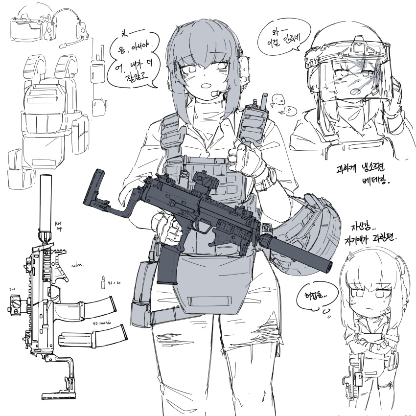 1girl absurdres assault_rifle bulletproof_vest flukhan gloves gun headset highres military_uniform original rifle simple_background solo uniform weapon white_background