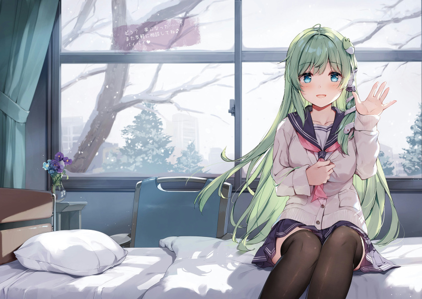 1girl bed bed_sheet blue_eyes blush branch breasts buttons chair curtains day flower frog_hair_ornament green_eyes hair_ornament hair_tubes hand_up highres indoors kochiya_sanae long_hair long_sleeves looking_at_viewer medium_breasts miyase_mahiro non-web_source open_mouth pillow school_uniform shadow sitting skirt smile snake_hair_ornament snow snowing solo table thighhighs touhou window