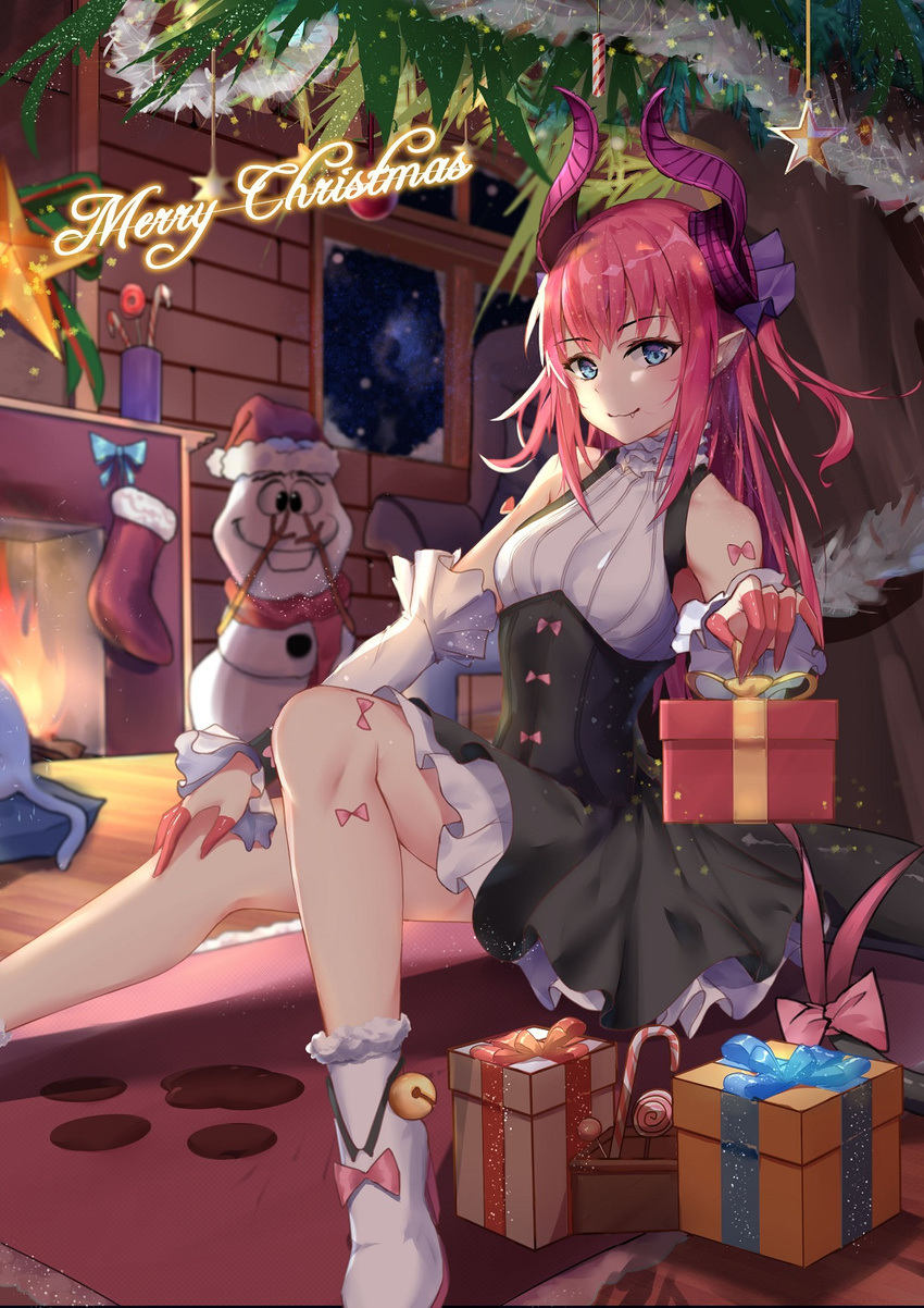 bangs bell blue_eyes boots candy candy_cane christmas christmas_stocking christmas_tree claws commentary detached_sleeves dragon_tail dress elizabeth_bathory_(fate) elizabeth_bathory_(fate)_(all) fang fang_out fate/extra fate/extra_ccc fate_(series) fireplace food garland_(decoration) gift hand_on_own_knee highres holding holding_gift horns indoors jingle_bell layered_skirt lollipop long_hair looking_at_viewer merry_christmas on_floor pink_hair pink_ribbon pointy_ears ribbon rug sitting sleeveless sleeveless_dress snowman solo star swirl_lollipop tail underbust white_footwear yoruciel